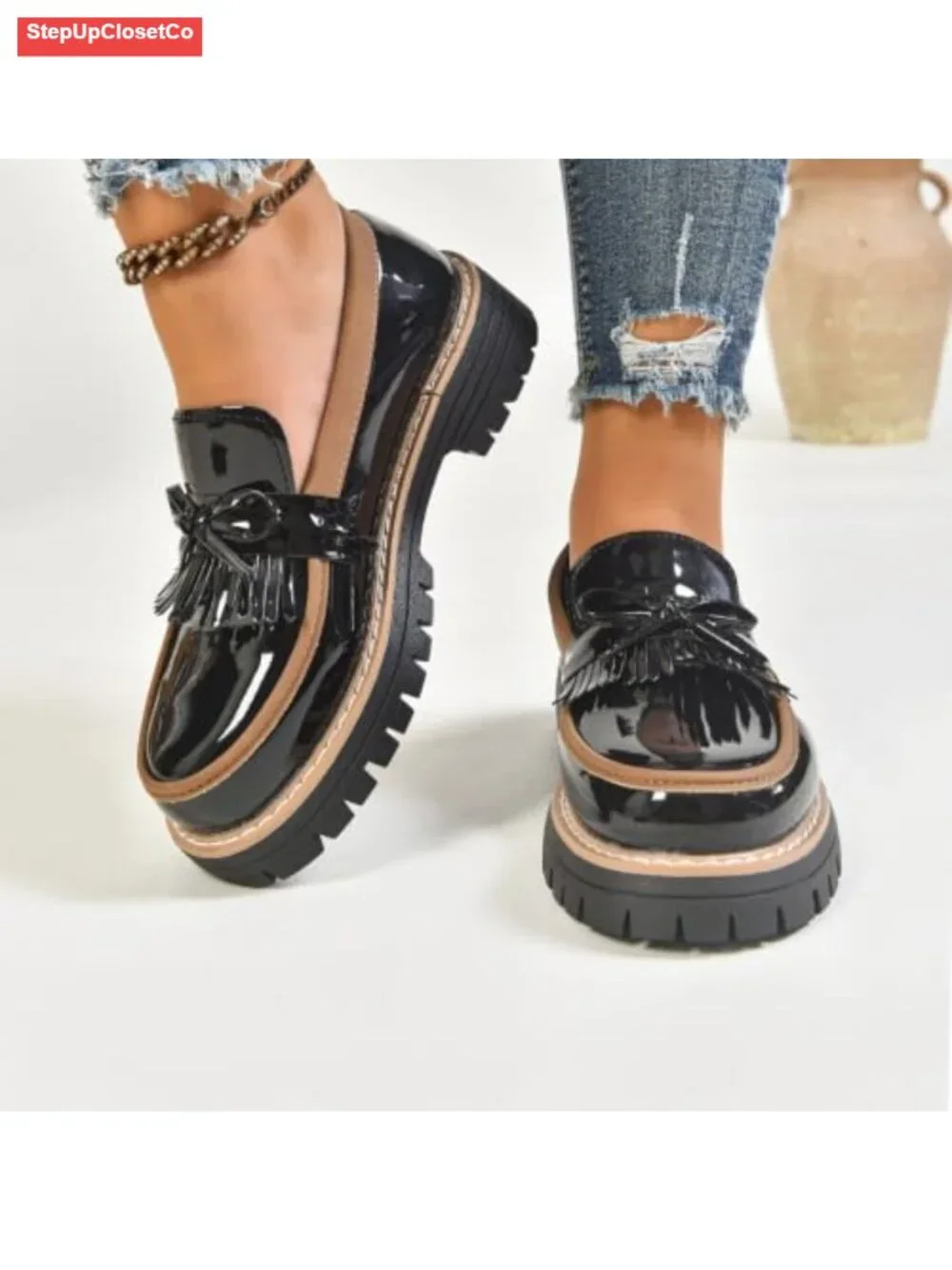 Patent Leather Lug Sole Loafers Slip On Platform Penny Shoes Women's